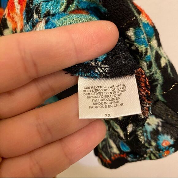 H.I.P. Black colorful bright floral flower semi sheer boho artsy peasant 2X - Picture 7 of 10